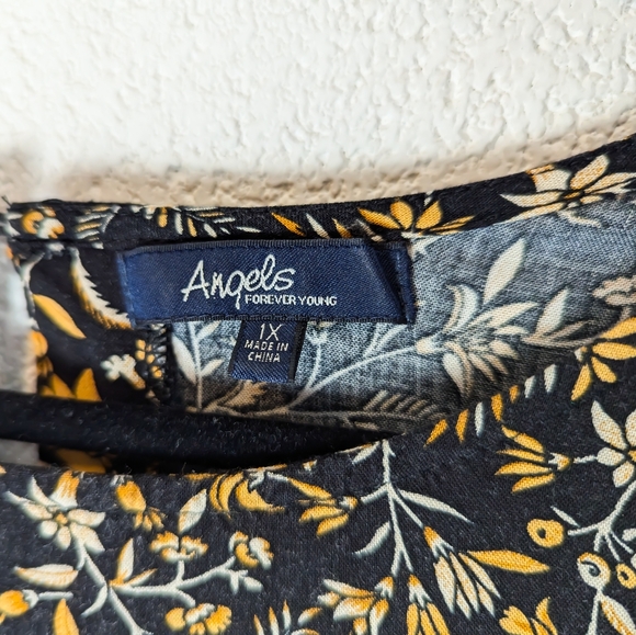 Angels 1X Flowy Ruffle Sleeve Peplum Top Ditsy Floral Mustard Black Blouse - Picture 5 of 10
